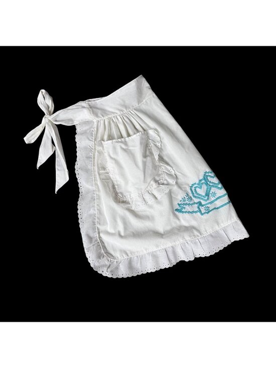 Handmade Other - Vintage White Apron Aqua Blue Embroidered Hearts Pocket Eyelet Ruffle Trim